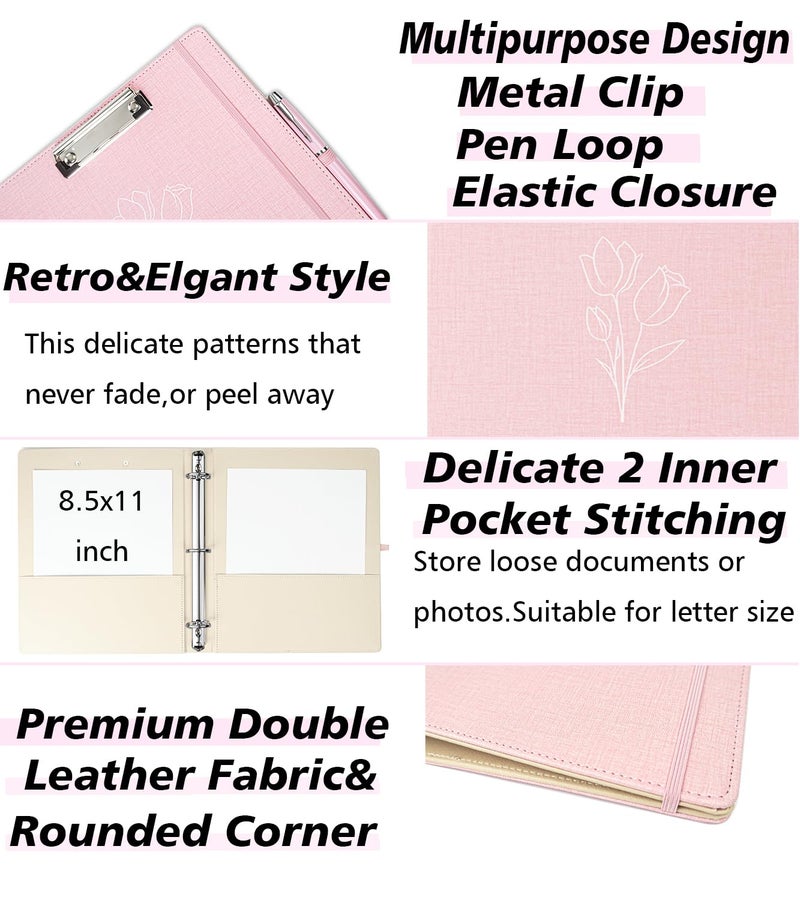 BVSSX 3 Ring Binder  1 Inch Linen Binders Organizer for Letter Size (8.5"" x 11"") Paper with 5-Tabs Pockets Dividers  BVSSX Leather Three Ring Binders with Clipboard  Plastic Folder  Pen Loop - Pink Tulips - Image 4